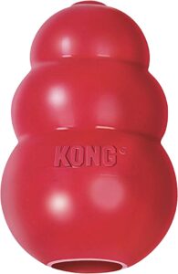 Red KONG Classic dog toy with a hollow center for treats.